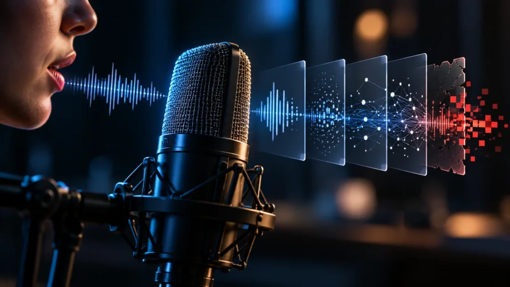 Studio microphone on a graphite surface with a single thin blue line broken by a small gap in front of it