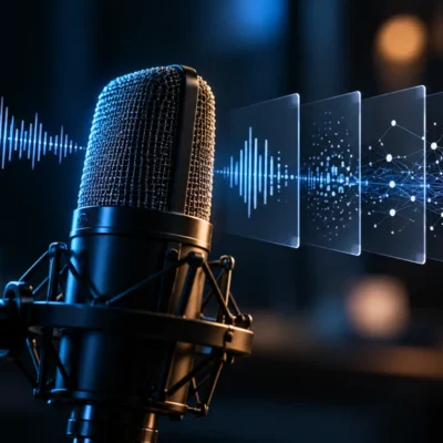 Studio microphone on a graphite surface with a single thin blue line broken by a small gap in front of it