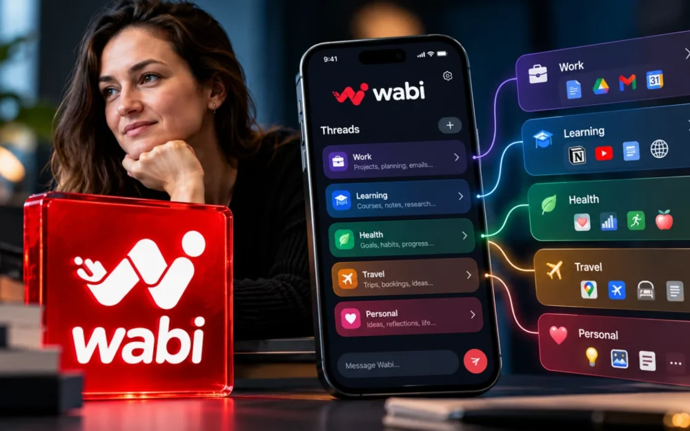 Etched-glass Wabi logo on graphite, with one glass strip dividing into several parallel strips
