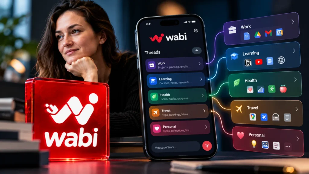 Etched-glass Wabi logo on graphite, with one glass strip dividing into several parallel strips