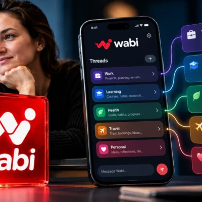 Etched-glass Wabi logo on graphite, with one glass strip dividing into several parallel strips