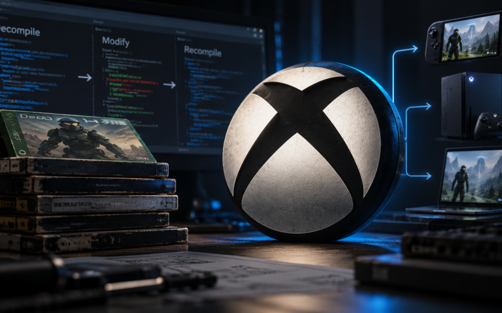 Etched-glass Xbox logo beside a classic game disc opening into readable layers, illustrating Xbox Labs and game modding