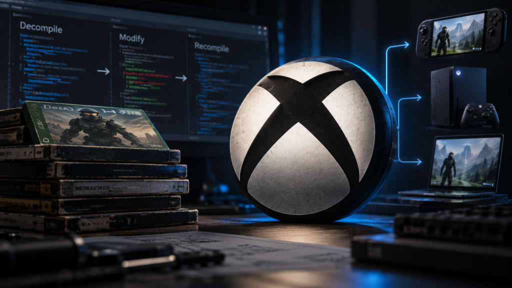 Etched-glass Xbox logo beside a classic game disc opening into readable layers, illustrating Xbox Labs and game modding